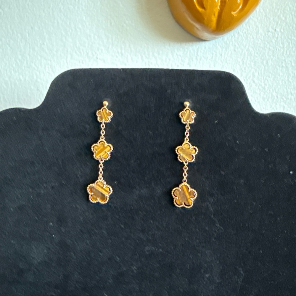Sterling Silver Pierced Dangle Clover Earrings With Tiger's Eye Natural Stones